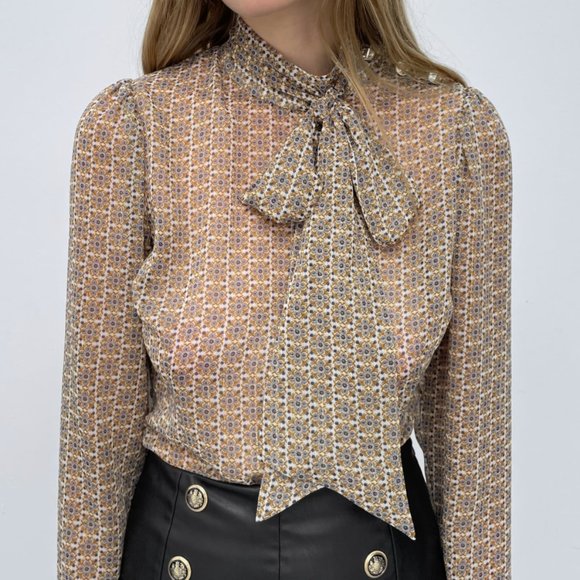 ZARA FLOWER PRINT CHIFFON BOW TIE NECK LONG SLEEVE BLOUSE - Picture 6 of 7